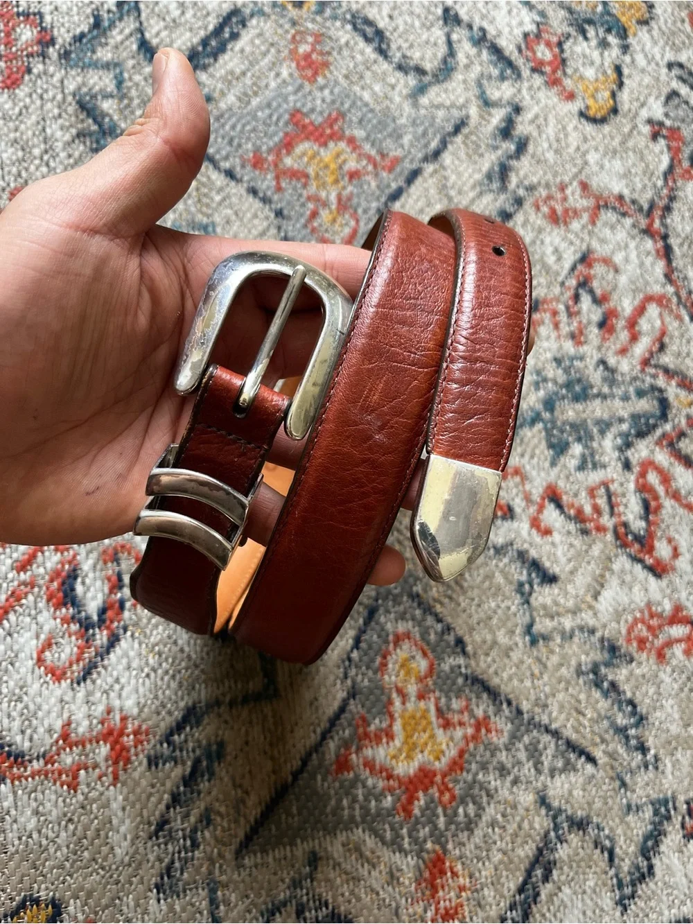 Orvis Chestnut Brown Leather Belt with Silver-Tone Hardware Size 38 Western